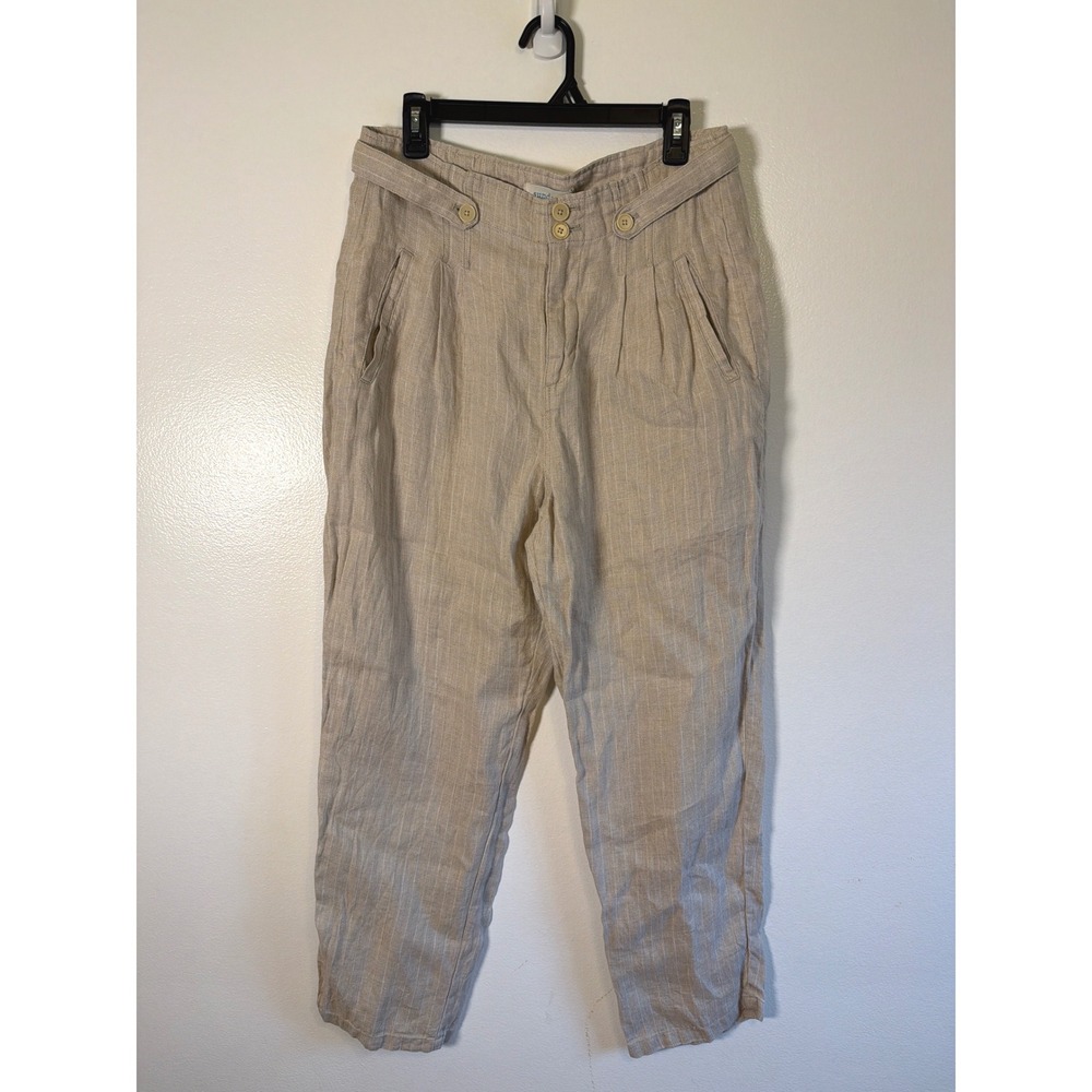 Sundance 100% Linen Striped Trousers Beige Tan Pleated High Rise Pants Size 12